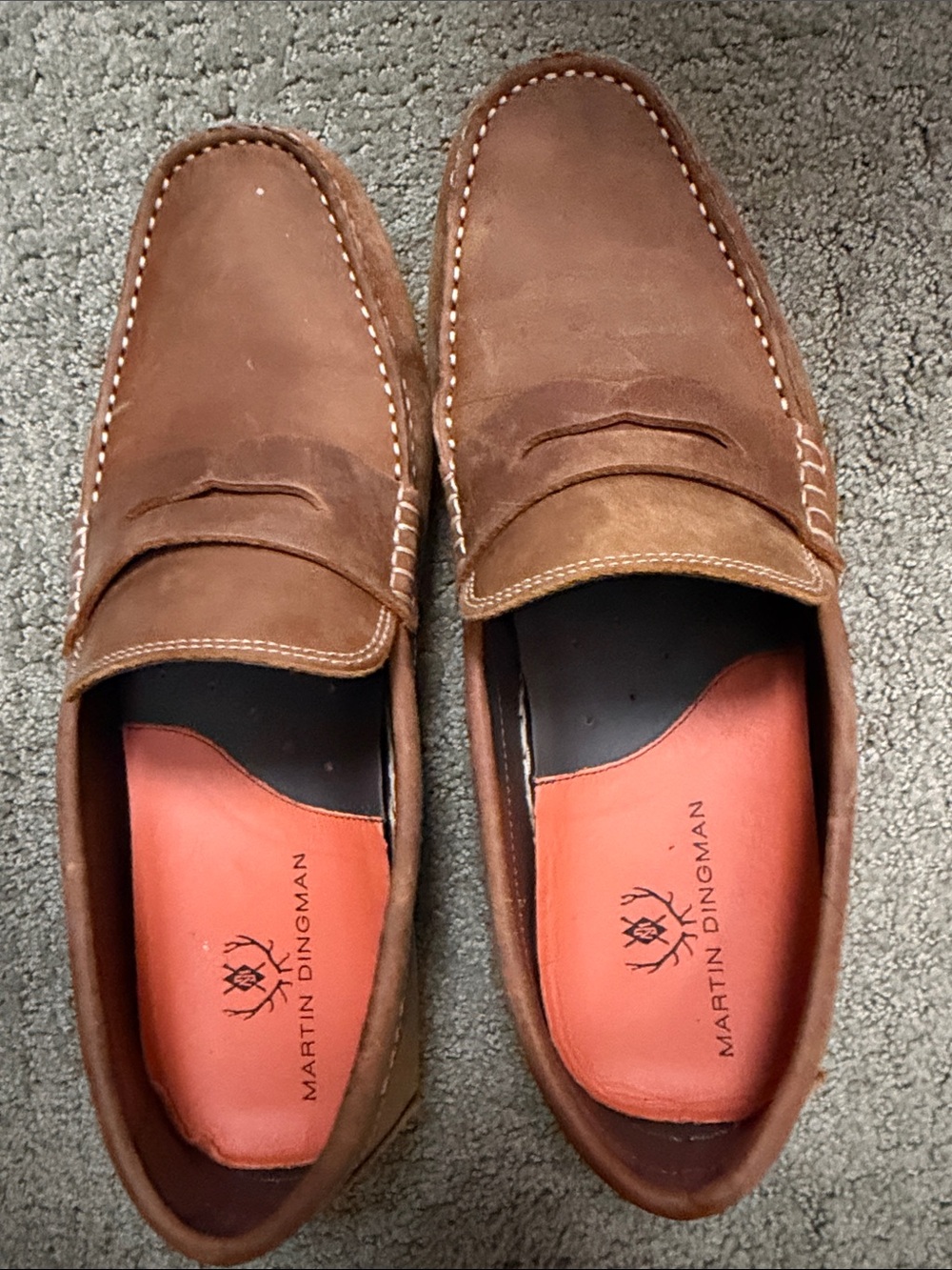 Martin Dingman Brown Suede Penny Loafers with Orange Insoles